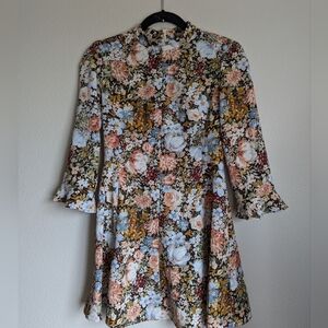 Zara Floral Midi Dress in Blue, Pink, Mustard and Brown
